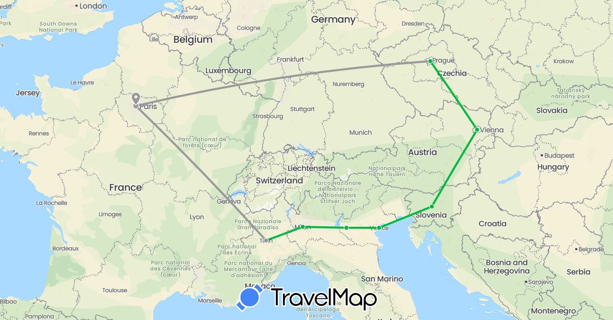 TravelMap itinerary: driving, bus, plane in Austria, Czech Republic, France, Italy, Slovenia (Europe)